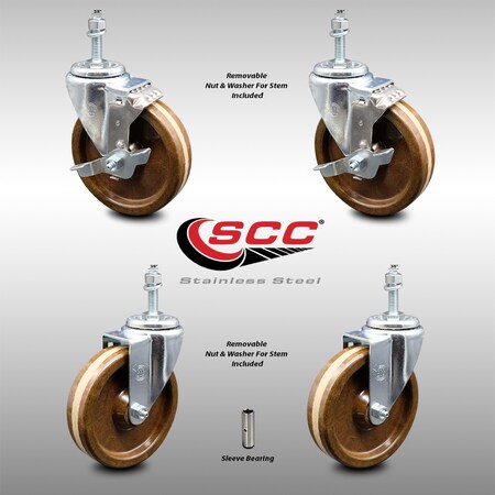 Service Caster 5 Inch SS High Temp Phenolic Swivel 3/8 Inch Threaded Stem Caster Brakes, 2PK SCC-SSTS20S514-PHSHT-381615-2-TLB-2